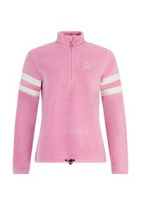 Maglione in pile rosa chiaro con mezza zip, colletto alto e strisce bianche sulle maniche; presenta un cordino all'orlo.