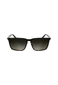 Lunettes de soleil carrées avec verres teintés, monture en plastique noir et écaille de tortue, accents argentés sur les branches, finition brillante, design élégant.