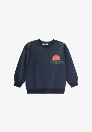 Námornícka modrá mikina s okrúhlym výstrihom, rebrovanými manžetami a potlačenou grafikou slnka a textom "BIG OLITA" v zelenej farbe. Jemná textúra.