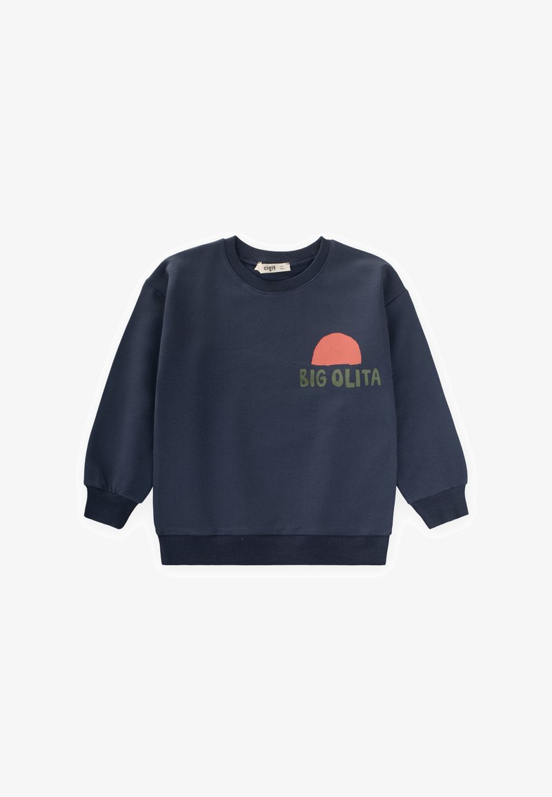 Tmavě modrá mikina s kulatým výstřihem, žebrovanými rukávy a potiskem slunce a nápisem "BIG OLITA" zelenou barvou. Měkká textura.