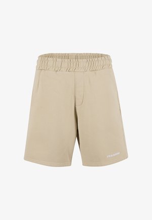 Pantalones cortos beige con cintura elástica, bolsillos laterales y el logo "Pegador" en la parte inferior de la pierna derecha.