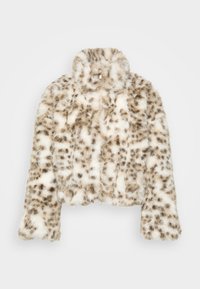 Kuttet jakke i faux pels i krem med brune leopardflekker. Har høy krage og glidelås, med en myk, teksturert overflate.