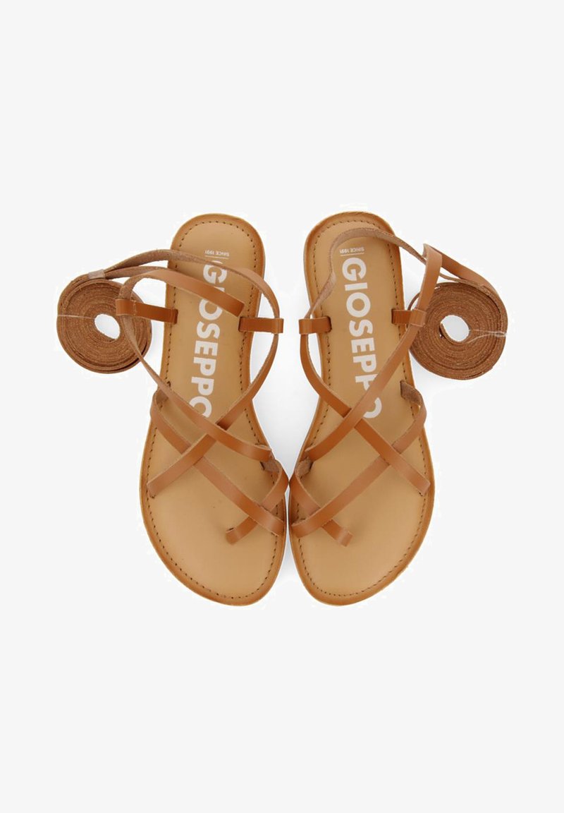 Brown flat sandals featuring thin, crisscrossed straps and a circular detail near the ankle. The sole is smooth with a light tan color.