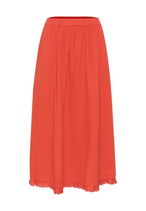 Fustă maxi roșie, realizată dintr-un material ușor, având un talie elastică și un tiv decorativ din dantelă.