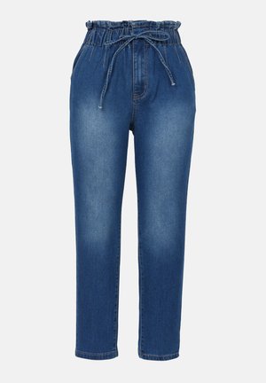 Denim-Hose mit elastischem Bund, Kordelzugverschluss, geradem Bein-Design und blauer Waschung. Mid-Rise-Stil mit Taschen.