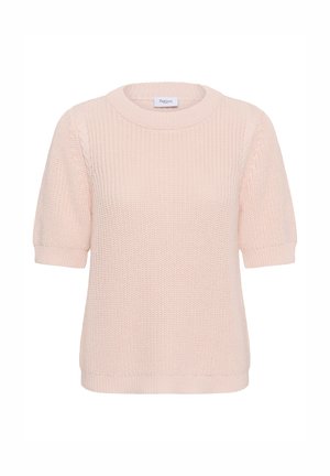 Hele roosa lühikeste varrukatega kootud kampsun tekstuuriga mustriga, ümmarguse kaelusega ning soonikkoes mansettide ja äärega.