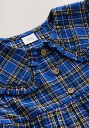 Blauw geruite jurk met een gerimpelde kraag, voorzien van bruine knopen en een stofpatroon van zwarte, groene en roze lijnen. Gemaakt van zacht materiaal.