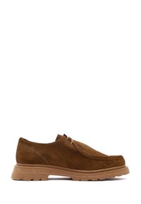 Brown suede shoe with a low profile, rounded toe, and lightweight rubber outsole. Features contrast stitching and a simple lace design.