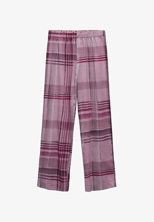 Rutig byxor med vida ben i nyanser av rosa och grått, med elastisk midja och varierande linjemönster för textur och design.