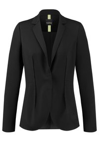 Blazer noir en tissu lisse, à la coupe ajustée, avec deux poches latérales et une fermeture à un bouton. Étiquette intérieure verte visible.
