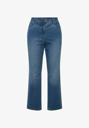 Hoch taillierte blaue Denim-Jeans mit geradem Bein, vorderer Knopfleiste sowie Front- und Gesäßtaschen.