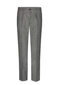 Graue, taillierte Hose aus strukturiertem Stoff, mit hohem Bund, vorderen Falten und einem einzelnen Knopfverschluss.