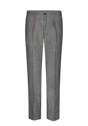 Pantaloni grigi sartoriali realizzati in tessuto strutturato, con vita alta, pieghe frontali e chiusura con un singolo bottone.