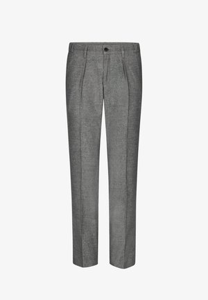 Pantaloni grigi sartoriali realizzati in tessuto strutturato, con vita alta, pieghe frontali e chiusura con un singolo bottone.