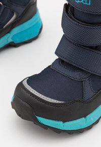 Stivali blu navy con cinturini in velcro, caratterizzati da una superficie texturizzata, dettagli grigi e una suola turchese. Design resistente e robusto.