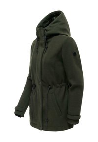 Dunkelgrüne Kapuzenjacke mit verstellbaren Kordeln, vorne mit Druckknöpfen, Seitentaschen und Riegeln an den Bündchen, entworfen für kaltes Wetter.