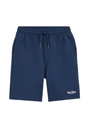 Marineblaue, strukturierte Shorts mit Kordelzug, elastischem Bund, Seitentaschen und "Blue Ridge"-Logo am unteren linken Bein.