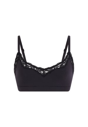 Bralette nero con spalline sottili regolabili e rifinitura in pizzo lungo il bordo superiore, caratterizzato da un design in tessuto morbido e liscio.