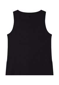 Top senza maniche nero con scollatura rotonda, fessure laterali e una texture morbida e liscia. Design semplice, senza motivi o accenti visibili.