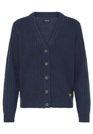 Laivastonsininen neulecardigan, jossa on pitkät hihat, V-pääntie, viisi etupainiketta, ribbireunat hihoissa ja helmassa sekä kudottu etiketti alalaidassa.