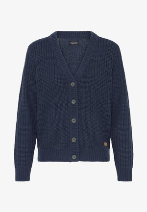 Marineblauwe gebreide cardigan met lange mouwen, V-hals, vijf knopen aan de voorkant, geribde manchetten en zoom, en een geweven label nabij de onderste zoom.