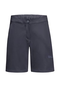 Dunkelgraue Shorts aus leichtem, atmungsaktivem Material. Elastischer Bund mit Knopf. Seitentaschen und Logodetail am Unterschenkel.
