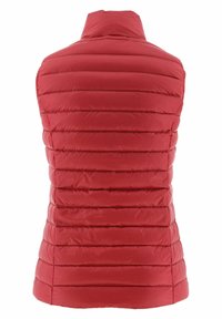 Red sleeveless puffer vest with a high collar, featuring horizontal stitching for padding and a smooth, shiny texture.