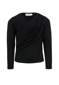 Zwarte longsleeve wikkelstijl top met gedrapeerde voorkant en V-hals, ontworpen voor een aansluitende pasvorm, weergegeven tegen een witte achtergrond.