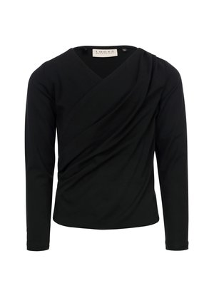 Zwarte longsleeve wikkelstijl top met gedrapeerde voorkant en V-hals, ontworpen voor een aansluitende pasvorm, weergegeven tegen een witte achtergrond.
