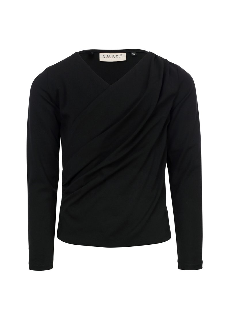 Zwarte longsleeve wikkelstijl top met gedrapeerde voorkant en V-hals, ontworpen voor een aansluitende pasvorm, weergegeven tegen een witte achtergrond.