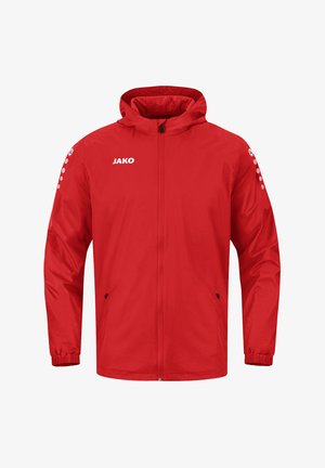 Red waterproof jacket with a hood, featuring a full zip front, elastic cuffs, and white logo on the chest. Simple, smooth texture.