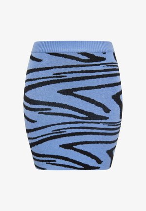 Fustă tricotată albastră cu un design în valuri negre, dotată cu un brâu ribbotat și o siluetă ajustată.