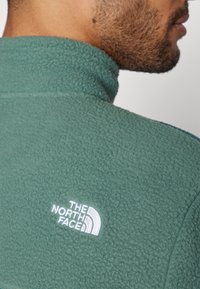 Fleecejakke i mørkegrønn med høy krage. Har hvit brodert logo "THE NORTH FACE" på øvre rygg. Myk tekstur synlig.