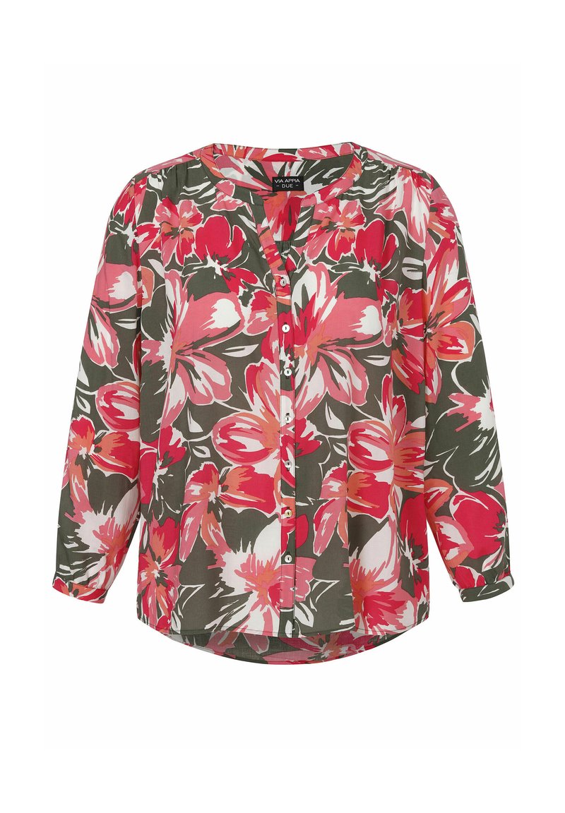 Blumenbluse in Grün, Pink und Weiß. Verfügbar mit Rundhalsausschnitt, Knopfverschluss und langen Ärmeln mit Bündchen. Leichtes Material.