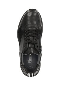 Schwarze Leder-Sneaker mit abgerundetem Zehenbereich, ausgestattet mit Schnürsenkeln und einem seitlichen Reißverschluss. Enthält textile Akzente und ein Logo auf der Zunge.