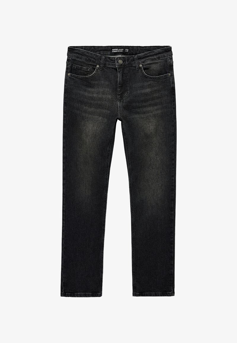 Zwarte straight-fit spijkerbroek van denim. Bevat vijf zakken, metalen knoopsluiting en een lichte vervaging in de stof voor textuur.