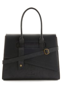 Zwarte faux leren handtas met een gestructureerd ontwerp, uitgerust met dubbele handvatten, een verwijderbare strap en geometrische paneelaccenten.
