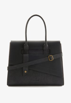 Schwarze Handtasche aus Kunstleder mit strukturiertem Design, ausgestattet mit zwei Griffen, einem abnehmbaren Riemen und geometrischen Paneelakzenten.