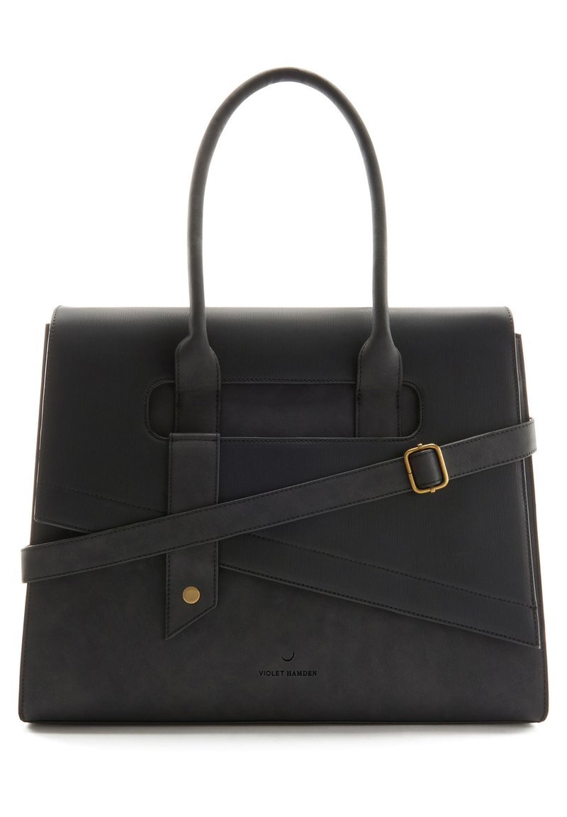 Zwarte faux leren handtas met een gestructureerd ontwerp, uitgerust met dubbele handvatten, een verwijderbare strap en geometrische paneelaccenten.