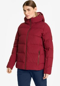 Veste en duvet rouge vin avec capuche, dotée d'une fermeture éclair à l'avant et de deux poches latérales. Design pliable avec panneaux cousus pour l'isolation.
