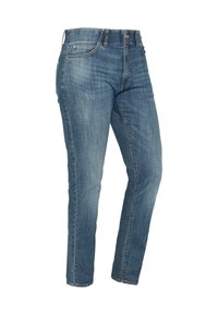 Niebieskie dżinsy z denimu o dopasowanym kroju, z pięcioma kieszeniami, wykończeniem spranym oraz subtelnymi detalami szwów.