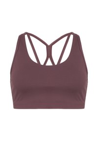 Bordeauxfarbener Sport-BH mit figurbetontem Design, hergestellt aus dehnbarem Stoff. Verfügt über einen Rundhalsausschnitt und gekreuzte Rückenriemen.