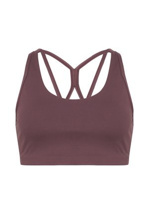Sujetador deportivo burdeos con un diseño ajustado, fabricado en tejido elástico. Presenta un escote redondeado y tirantes entrelazados en la espalda.