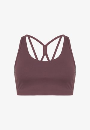 Bordeauxfarbener Sport-BH mit figurbetontem Design, hergestellt aus dehnbarem Stoff. Verfügt über einen Rundhalsausschnitt und gekreuzte Rückenriemen.