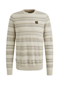 Light beige sweater with horizontal stripes in brown and grey. Made from knit fabric, features a round neckline and ribbed cuffs.