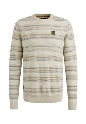 Helles beiges Sweatshirt mit horizontalen Streifen in Braun und Grau. Hergestellt aus Strickstoff, mit Rundhalsausschnitt und gerippten Bündchen.