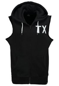 Felpa senza maniche nera in cotone, con zip frontale, due tasche, lacci bianchi e logo "TX" bianco sul petto.
