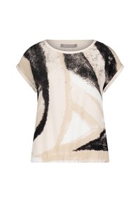 Koszulka z krótkim rękawem w odcieniu beżowym z abstrakcyjnym czarno-kremowym wzorem. Miękka tkanina, okrągły dekolt i luźny krój z podwiniętymi rękawami.