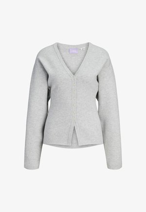 Helehall halli pikakarvaline kardigan V-kaelusega, ees nupud, ribiga servad ja väike lõhik allääres, suurus väike.