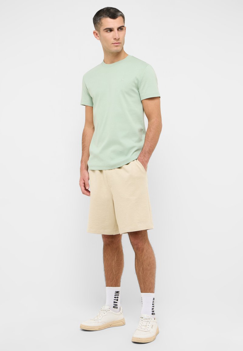 Light green cotton t-shirt paired with beige shorts. featuring a relaxed fit, plain design, and white sneakers with subtle accents.